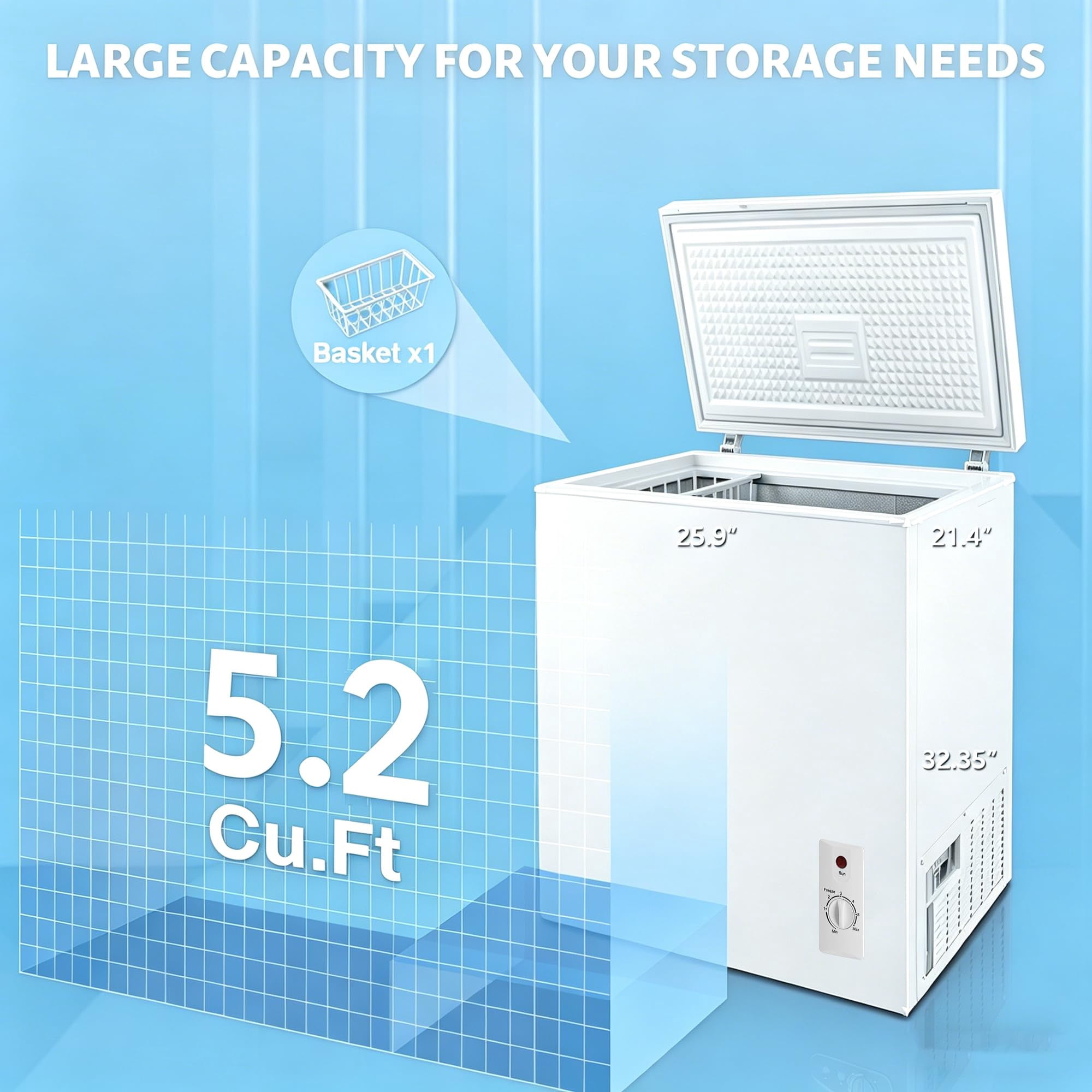 5.2 Cu.Ft Chest Freezer, Mini Deep Freezer with Removable Basket, Free Standing Compact Small Freezer Adjustable 6 Thermostat Quiet Small Deep Freezer Top Open Door for Dorm Home, White