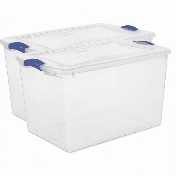 2-Pack 66 Quart Clear Plastic Storage Bins with Blue Latch, Stackable Organizer Boxes for Home and Office