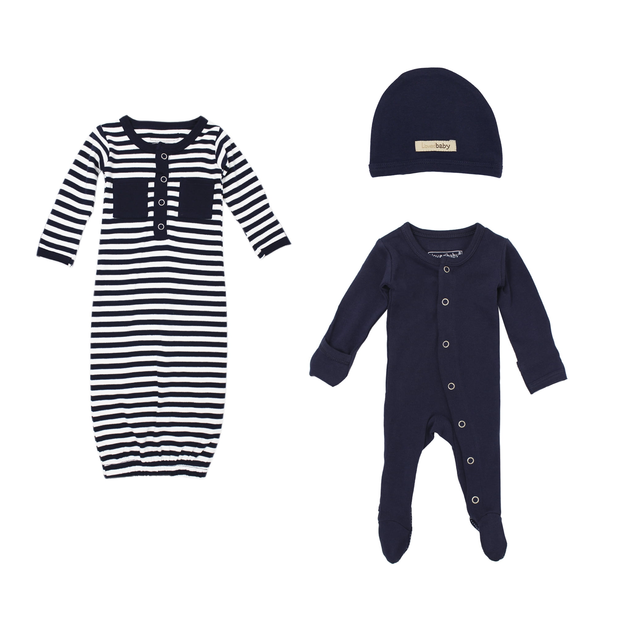 L'ovedbaby Baby Boy or Girl Unisex 100 Organic Cotton 3pc Gown, Sleep N Play & Hat Set, Size 0