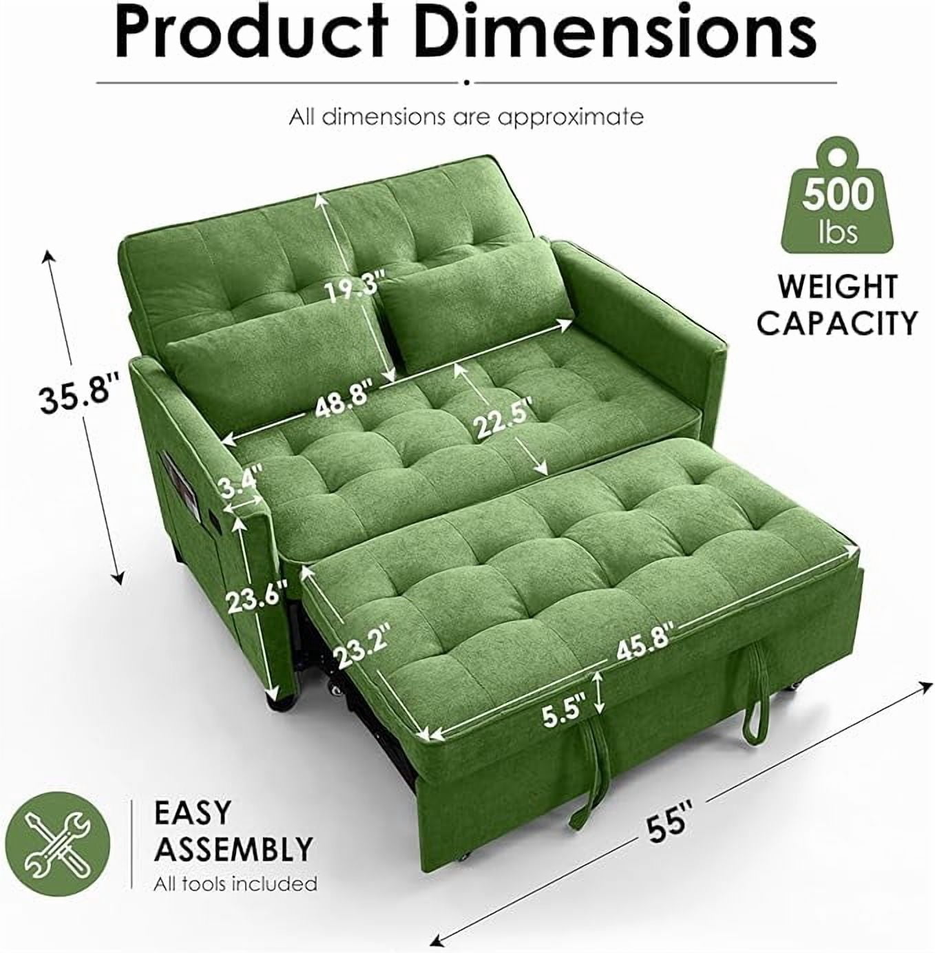Convertible Sofa Bed,55" 3-in-1 Sleeper Sofa with Pull Out Bed,Sleeper Couch Loveseat with Adjustable Backrest,USB Charging Ports & Side Pockets for Living Room,Apartment,RV,Easy Assembly,Green