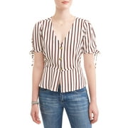 Juniors' Striped Button Front Elbow Sleeve Peplum Blouse