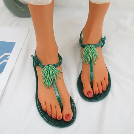 

YTJX Spring And Summer Women s Shoes Round Toe Beaded Fringe Flat Beach Thong Roman Sandals