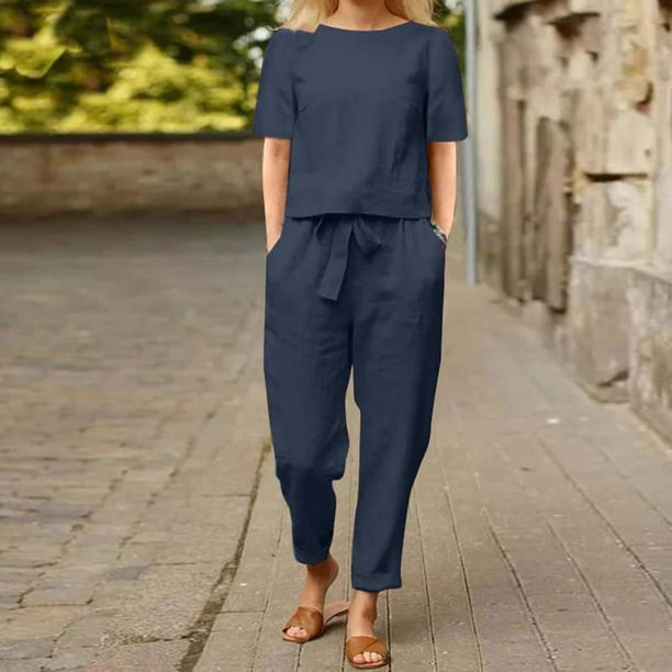 Puntoco Mujeres Moda Cuello Redondo Manga Corta Tops Pantalones Conjuntos De Traje Casual Puntoco Puntoco-3635