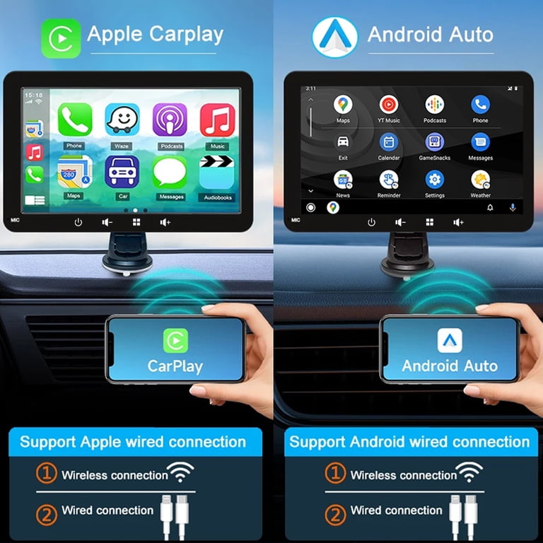 Rimoody Wireless Carplay Android Auto Tragbares Autoradio mit Airplay Android Cast, 7 Zoll Touchscreen Autoradio mit Dual Bluetooth/FM Transmitter/GPS/AUX/USB/TF für 7-32V Auto