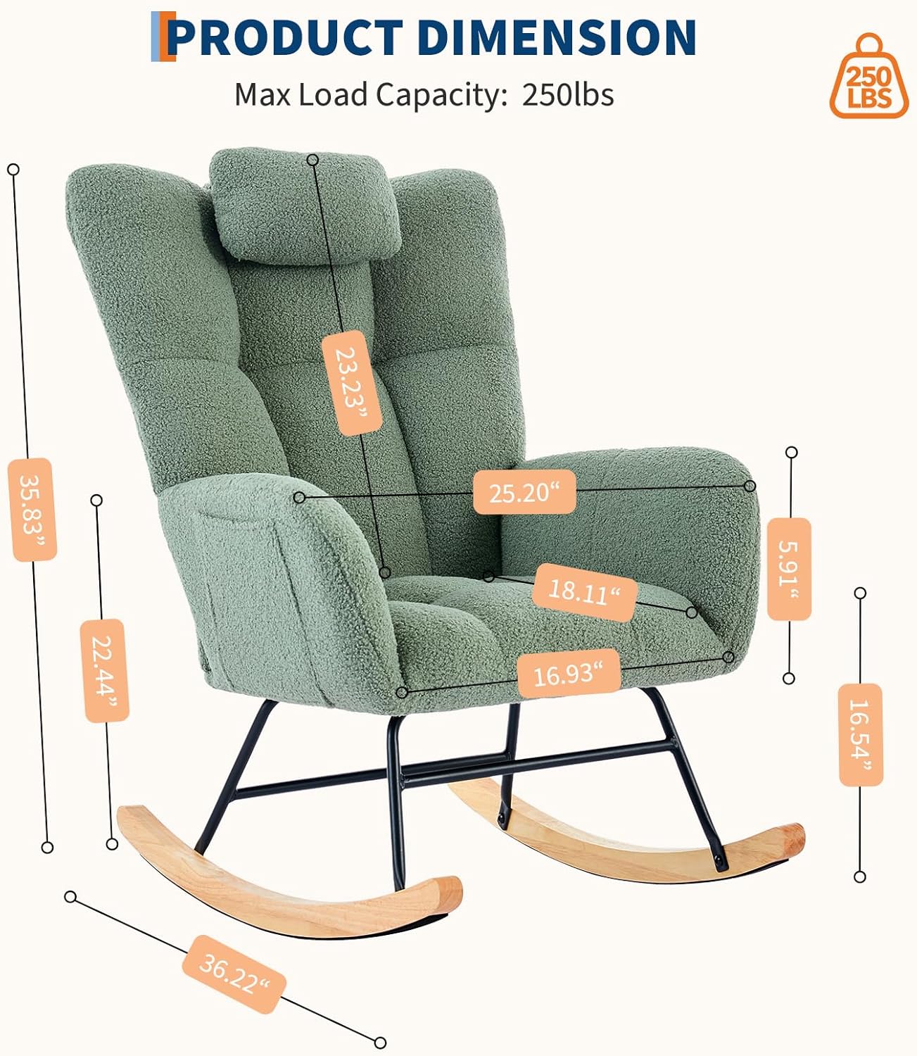 Rocking Chair Nursery Teddy Upholstered Baby Fluffy Glider Rocker for Adults Small Spaces Indoor Nursing Chair for Living Room Bedroom Classroom Beige Comfortable Durable Stylish-Green