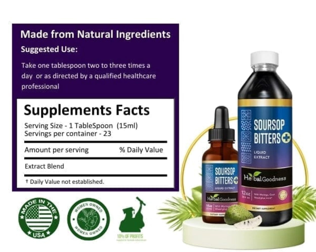 Soursop Bitters Liquid Extract 12fl.oz, Organic Guanabana Leaf Supplement, Graviola Leaf, Gut Health & Colon Cleans - Herbal Goodness
