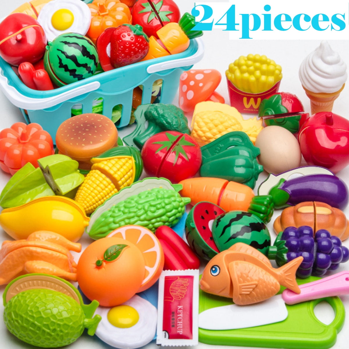 50Pcs Play Food Toys for Kids Kitchen Pretend Cutting Toys Fruits Food Cake Set 