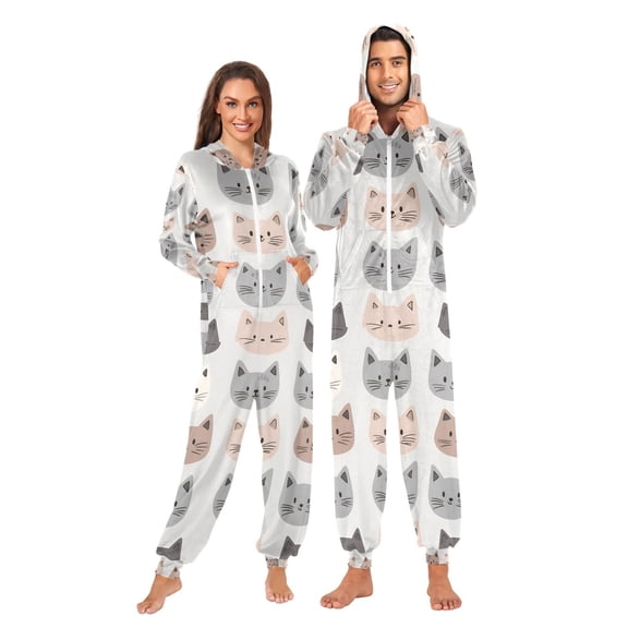 FORMRS Onesies Pajama for Adults Unisex Hoodie Winter Jumpsuit One Piece Sleepwear, Sizes S-2XL, Gray Cat Pattern