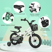 Costway 14'' Kid's Bike with Removable Training Wheels & Basket for 3-5 Years Old White
