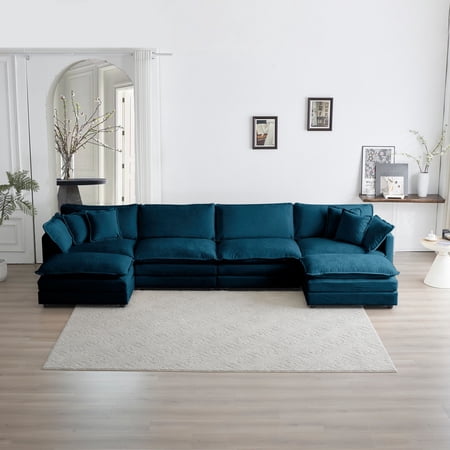 4-Seater Comfort U Shaped Couch with Reversible Chaise Modular Large U-Shape Sectional Sofa Double Extra Ottomans (Blue)
