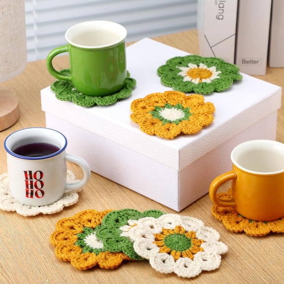 3 Pcs Crochet Handmade Flower Knitted Cup Mats Coasters, Tea Party Supplies Funny Cute Woven Pot Coasters Small Doilies Cloth Crochet DIY Gift for Easter Spring Table Decor