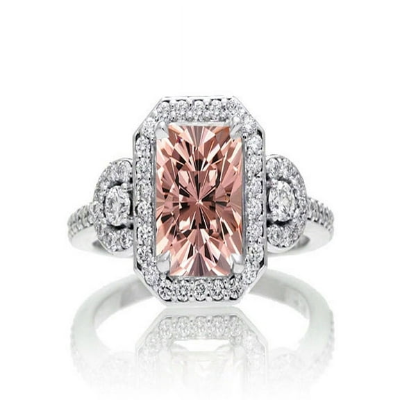 2 Carat Emerald Cut Morganite and White Diamond Halo Engagement Ring on 10k White Gold