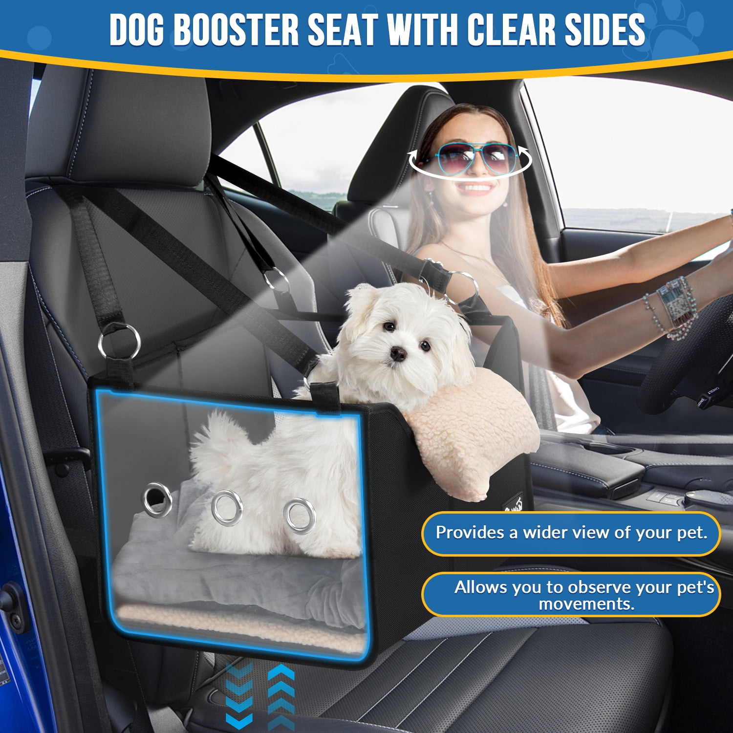 AUTOWT Dog Car Seat - Detachable Booster with Safe Leash, Foldable with Clear Panel for Pets Under 18 lb