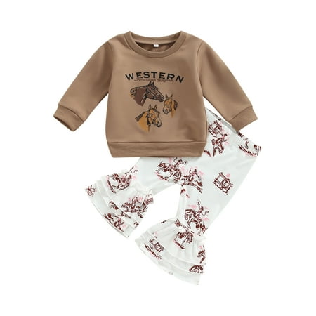 

Ma&Baby Kids Baby Girls Autumn Outfit Sets Long Sleeve Letter Print Tops + Horse Print Flared Pants