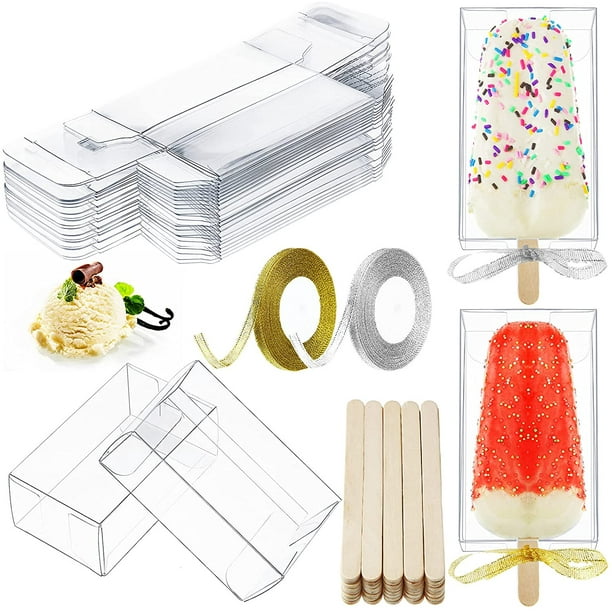 Clear Ice Lolly Cakesicle Boxes, 3.7 x 2.2 x 1.5 Inches Clear PET Box, Ice  Cream Box Plastic Cake Candy Treat Box with Wooden Ice Lolly Sticks for
