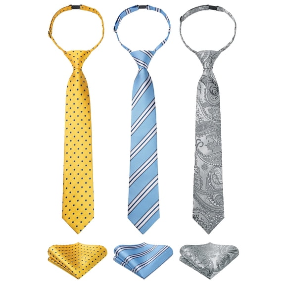 3pcs Boys Pre-Tied Neckties & Pocket Square Set Adjustable Neck Strap Tie for Kids School Boys Ties