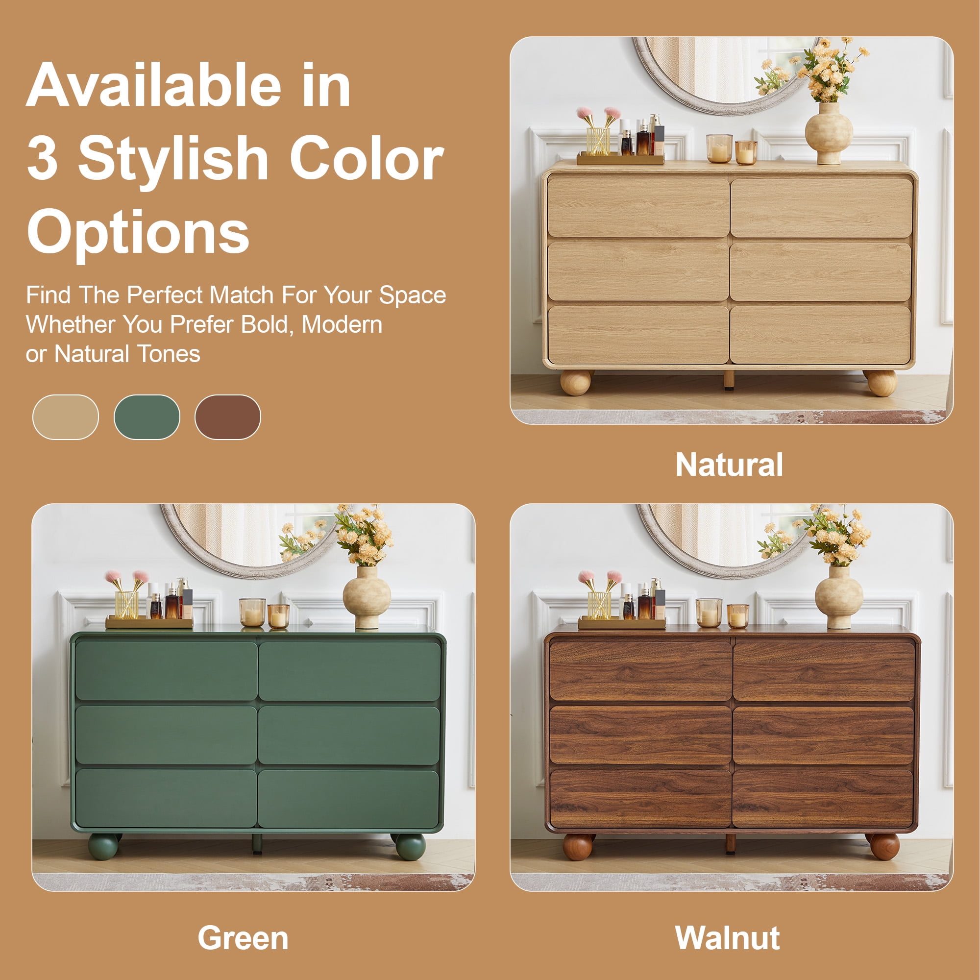 YOCWO 6 Drawer Dresser for Bedroom, Mid Century Chest of Drawers with Arc Edge and Round Leg, Wood Storage Large Dresser Organizer for Bedroom Living Room Hallway Closet, Green