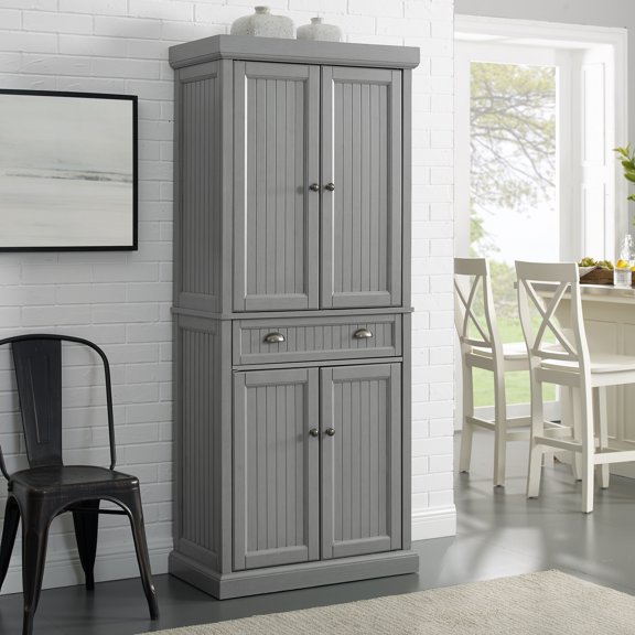 Kitchen Pantry Cabinet - Large Storage, Adjustable Shelves - Distressed Gray Finish