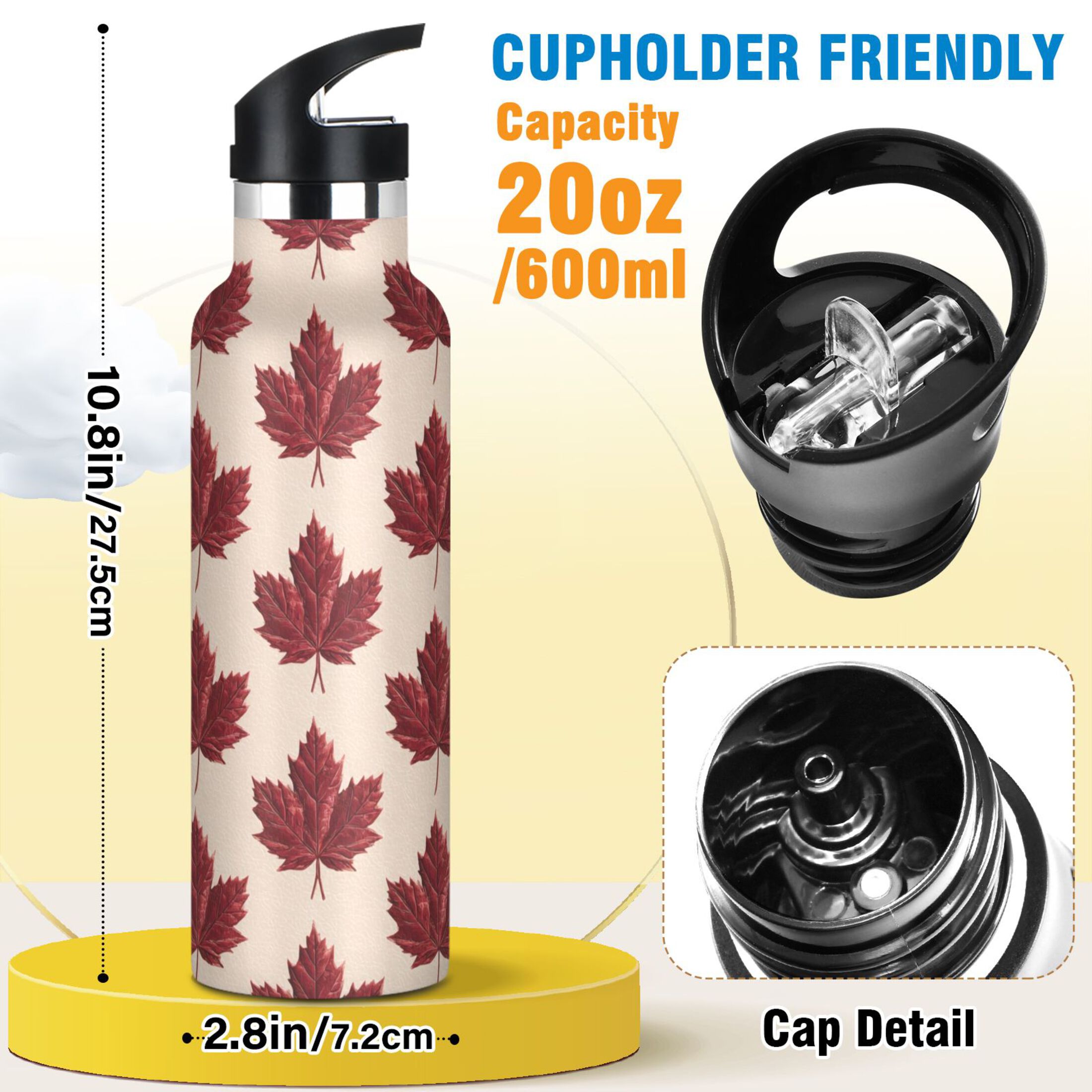 600ML Stainless Steel Insulated Cup Sports Water Bottle Portable Thermos Cup Water Glasses Insulated Tumblers Convenient and Durable Red Maple Leaves Seamless