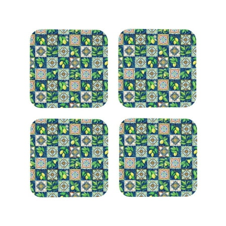 

Leather Coasters Set of 4 - Lemon and Leaves Lightweight Non-Slip Drink Coasters for Desk Anti-Scalding Desk Cup Coasters for Office Table Decor Square