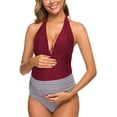 thumbnail image 2 of Maillots de Maternité une Pièce à Rayures, Maillot de Bain à Tour de Cou, Monokini à Col en V Profond, Taille Haute, Rouge (L, 2 of 8