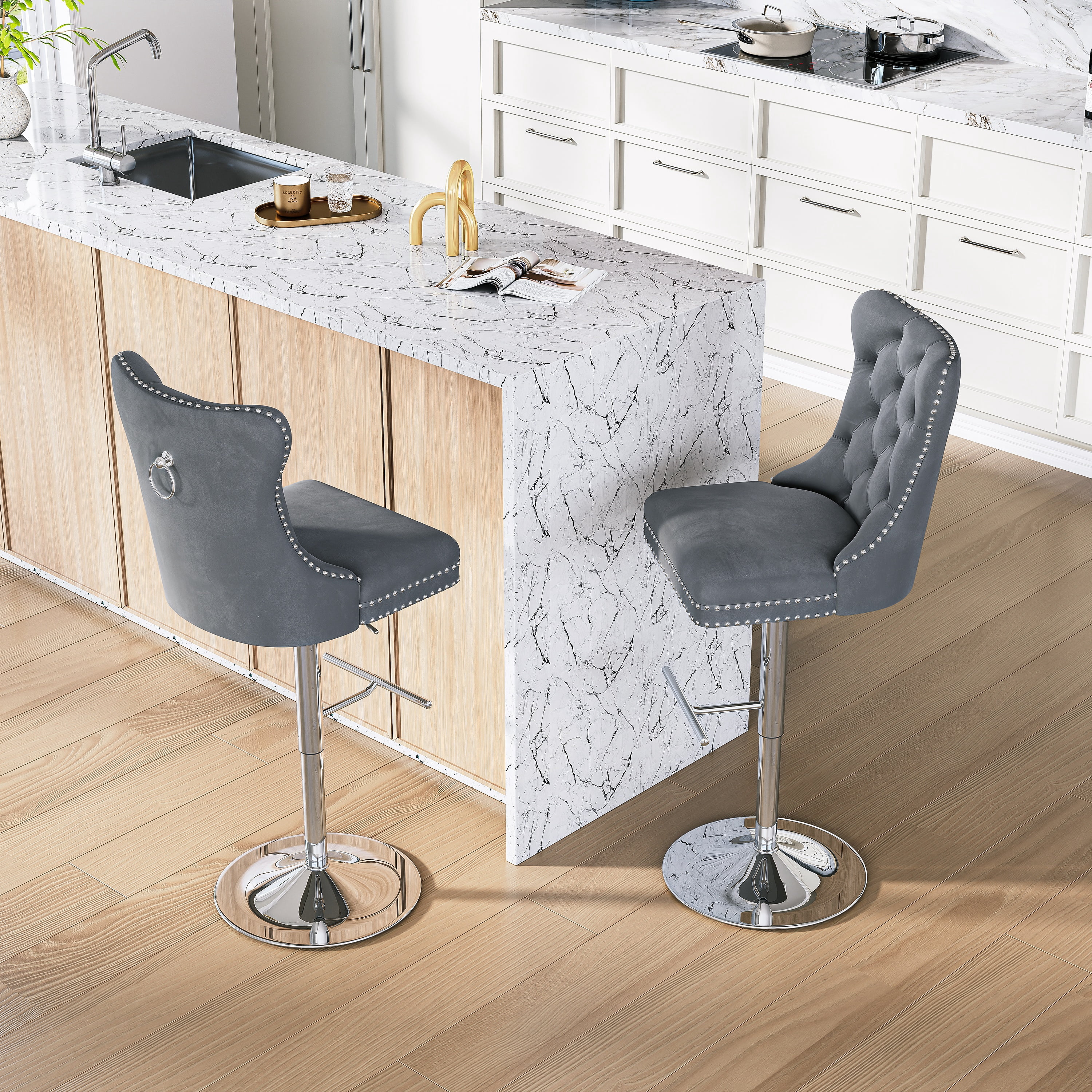 Modern Velvet Bar Stools Set of 4 Adjustable Swivel Counter Height Chairs with Upholstered Back and Nailhead Trim for Home Pub Kitchen Island