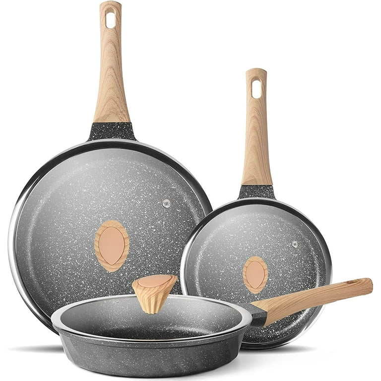 LOCHAS Pots And Pans Set Nonstick, Granite Induction Kitchen Cookware Sets,  5Pcs Non Stick Cooking Set, Dishwasher Safe (Brown)