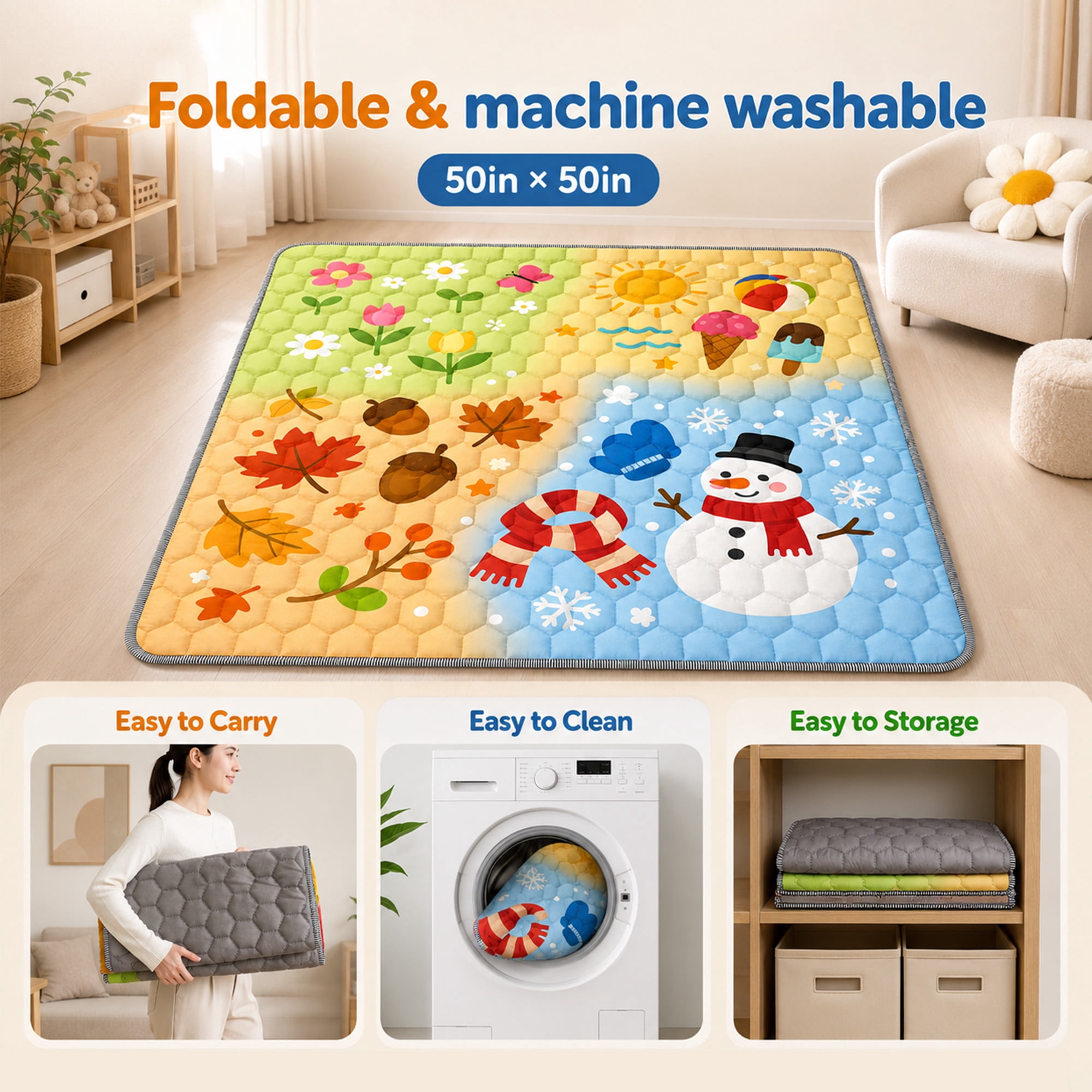 BEAUTYPEAK Baby Play Mat, 50"x50" Mat Perfect for Use Baby Playpen,Non-Slip Foldable Mat for Toddlers and Babies