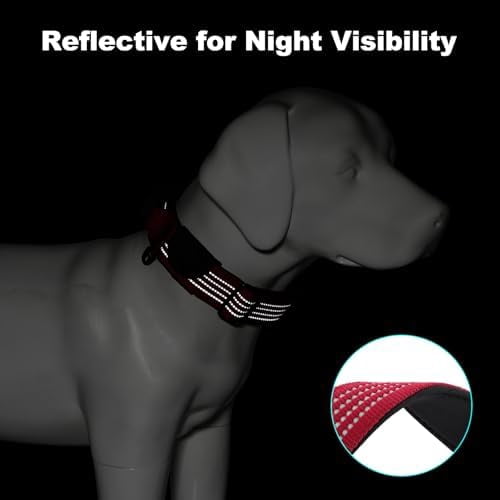 Tactical Dog Collar with Tracker Pocket for AirTag, Adjustable Reflective Nylon Collar, Metal Buckle, Leather-Wrapped Handle, Soft Padded for Medium Large Dogs (Burgundy Red, M)