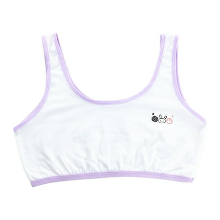 

Student Puberty Girls Single Layer Underwear Cartoon Rabbit Print Contrast Color Training Bra Wide Straps Non-Padded Sport for Tank Crop Top 7-16 Years