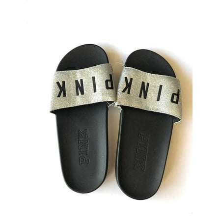 

Victoria s Secret Pink Single Strap Silver Glitter Logo Slides Sandals for Women Medium (7/8) New