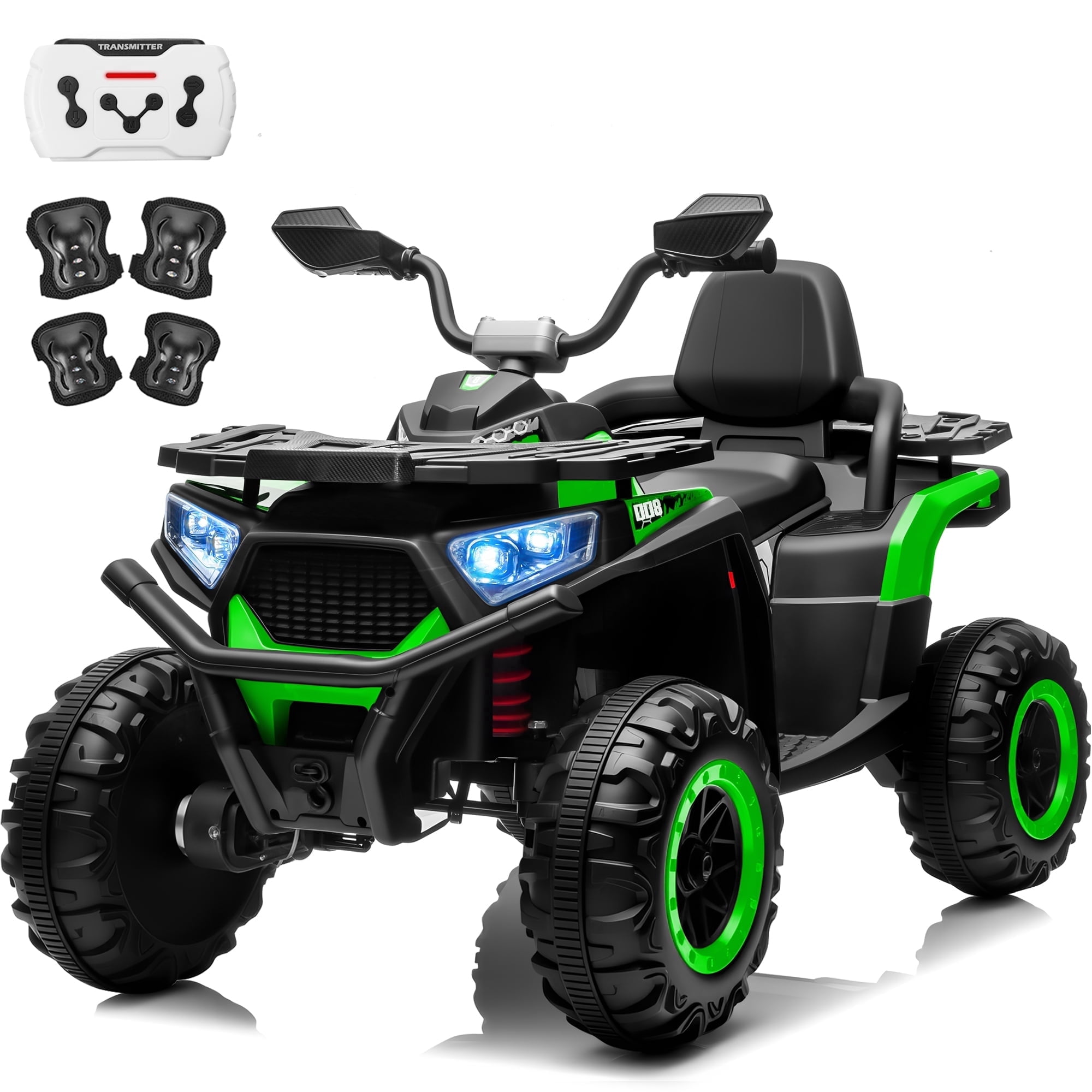 Joyracer 24V 4x4 Kids ATV Electric 4-Wheeler with Leather 2-Seater, 24 Volt Ride on Toys for Big Kids w/ Kneepads, 4x200W Motors, Bluetooth Music, Green