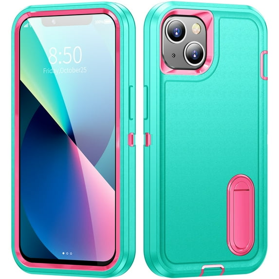 SaniMore for iPhone 14 6.1" 2022 Hybird Case, Rugged PC Back Shockproof TPU Shell Metal Hidden Kicksatnd Drop Resistant Anti-slip Heavy Duty Protective Case for iPhone 14 6.1" 2022, Mint/Rose