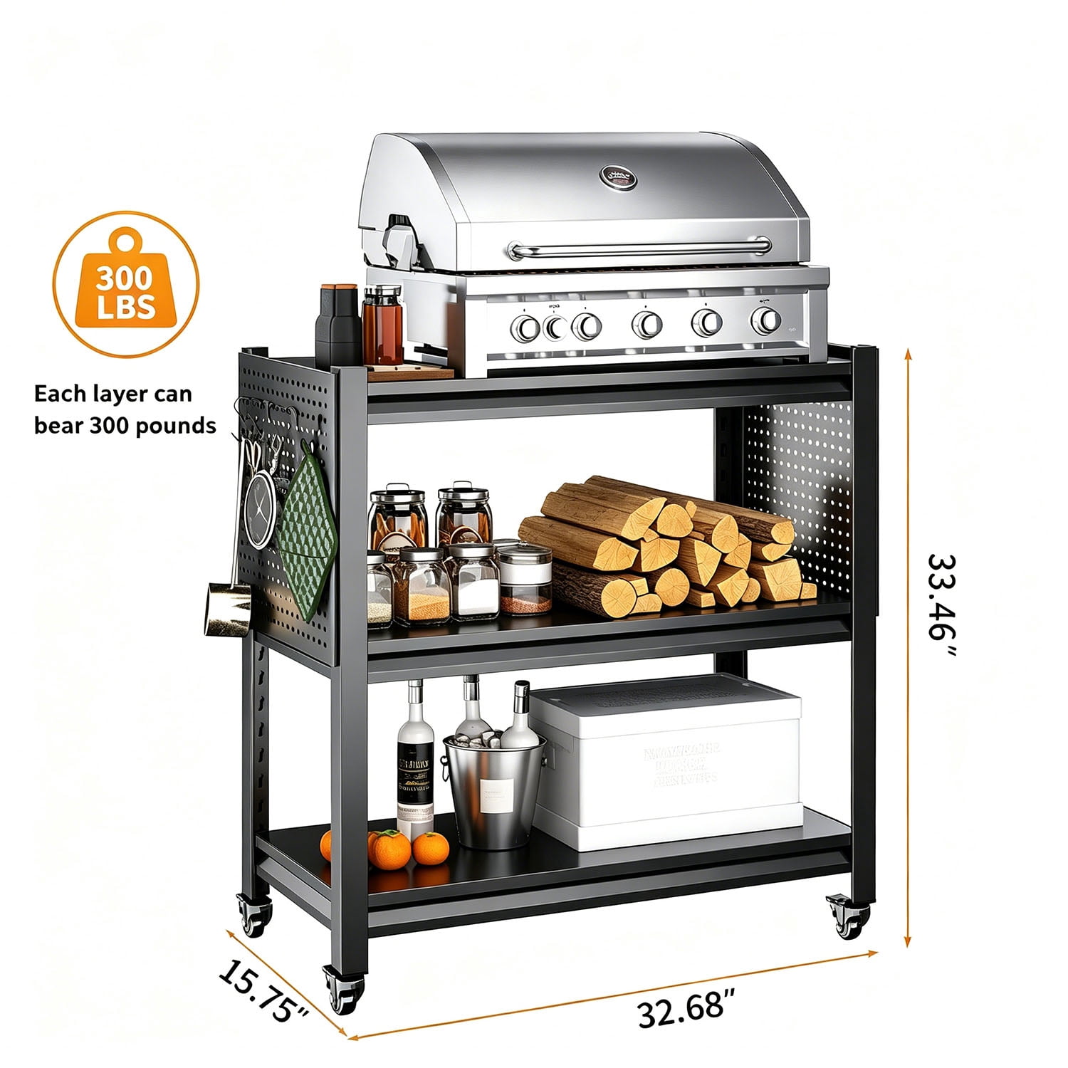 Heavy-Duty Grill Cart with 3-Tier Storage and Pegboard for BBQ
