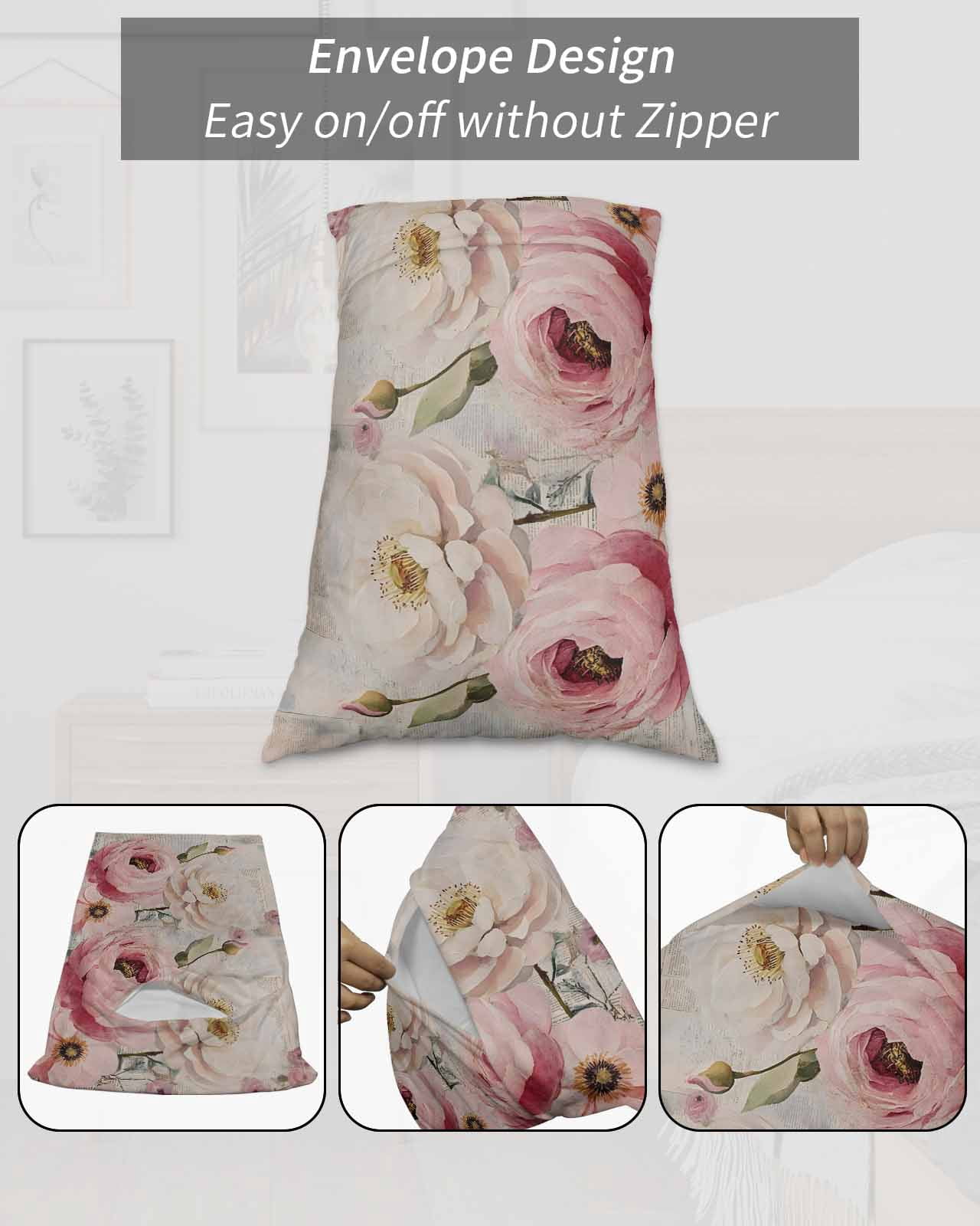 Pink White Spring Floral Pillow Covers Queen Size 2 Pack, Vintage Flowers Watercolor Soft Bed Throw Pillowcases Breathable Cooling Long Lumbar Body Pillow Sham Cover for Bed Sofa 20''x30''