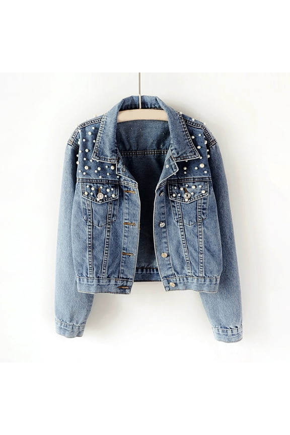 Women's Pearls Jean Jackets Y2K Beading Cropped Denim Jacket Boyfriend Button Down Cardigans Fashion Vintage Streetwear