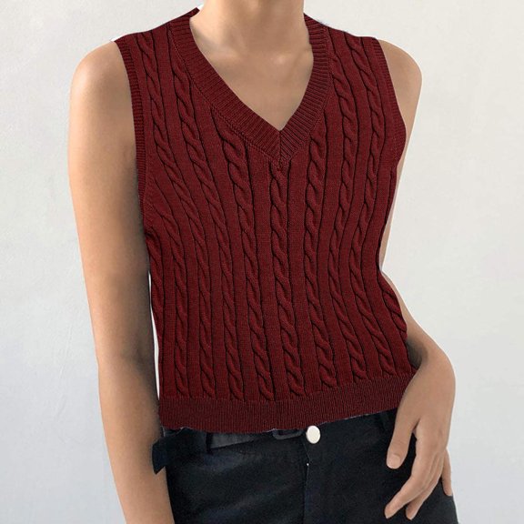 Leesechin Women Tank Tops plus size Clearance Ladies Knitted V-neck Vest Sleeveless Pullover Uniform Cropped Sweater Deals