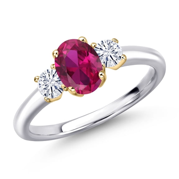 Gem Stone King 925 Silver and 10K Yellow Gold Red Created Ruby and White Moissanite Engagement Ring for Women | 1.17 Cttw | Oval 7X5MM | Gemstone July Birthstone | Size 5
