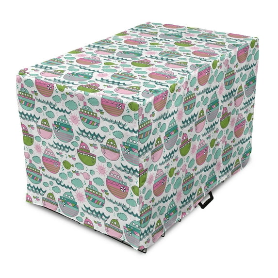 Ship Dog Crate Cover, Continuous Maritime Theme Waves Clouds Colorful Arrangement, Easy to Use Pet Kennel Cover Small Dogs Puppies Kittens, 7 Sizes, Pink Lime Green, by Ambesonne