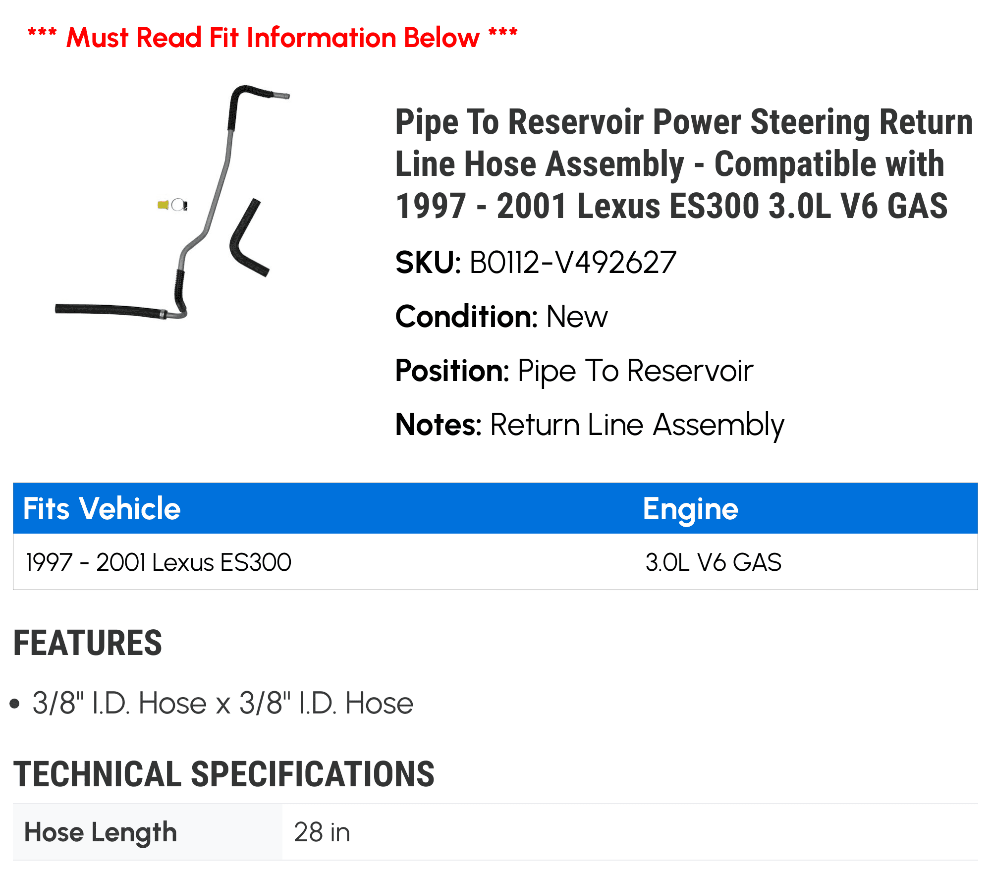 Line To Reservoir Power Steering Return Line Hose Assembly - Compatible with 1997 - 2001 ES300 3.0L V6 GAS 1998 1999 2000