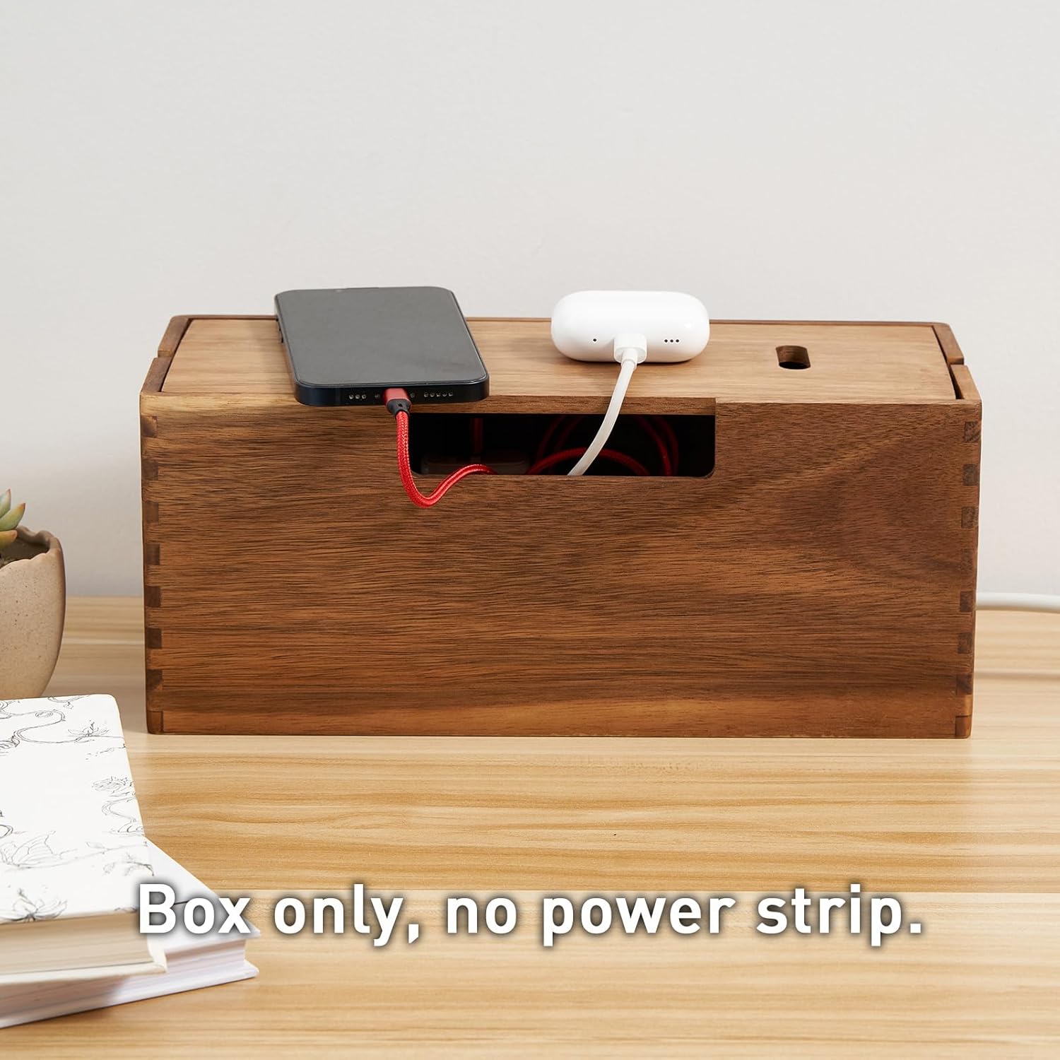 Acacia Wood Cable Management Box, Wooden Cord Hider & Organizer for Power Strip, Electrical Hiding, TV Wires, Desk & Floor Cables