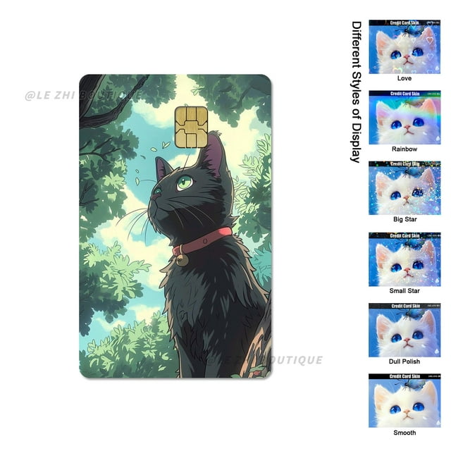 Cute Black Cat Cartoon PVC Film Skin Sticker for Debit Card Credit Bank Card Sticker Shining Rainbow Stars Love Card Sticker