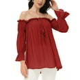 thumbnail image 2 of Womens Semi Sheer Boho Peasant Long Sleeve Off the Shoulder Top, Red, Large, 2 of 6