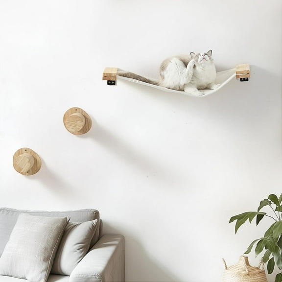 Cat Wall Furniture, 2 PCS Cat Wall Climbing Shelves Set, Solid Rubber Wood Cat Shelf, Cat Shelves and Perches for Wall Sleeping, Playing, Climbing and Lounging, 16 inch Drywall Installation