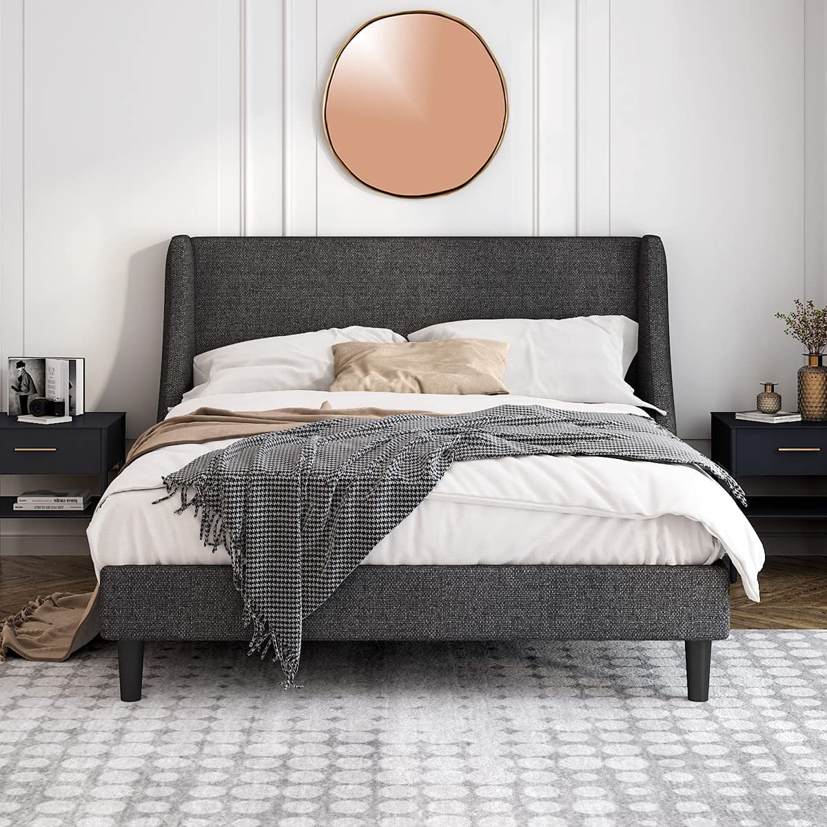Einfach Queen Size Platform Bed Frame with Wingback Headboard, Dark Grey