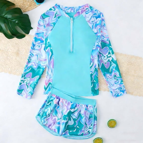 Piuwrlz Kids Swimsuit Girls Swimming Suit Sets Long Sleeves Swimwear Light Blue Size 11 Years
