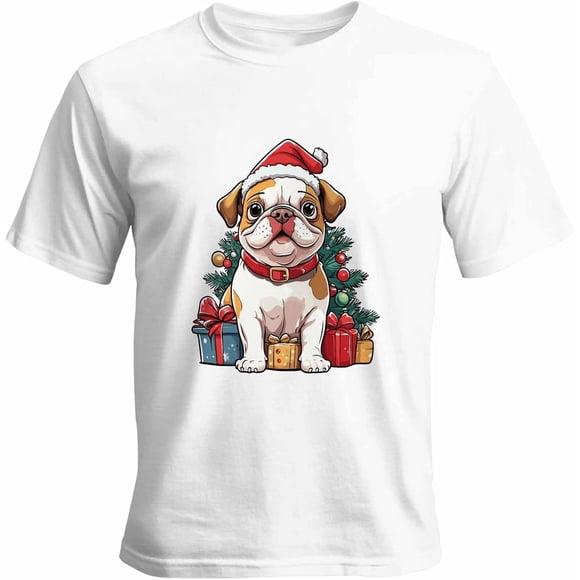 Camisetas gráficas de manga corta para hombre con diseño de perro y gorro de Papá Noel en el árbol de Navidad