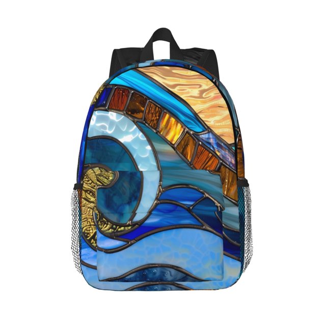 Lukts Stained Glass Ocean Wave Pattern 15 Inch Student Backpack, Waterproof Laptop Backpack with Adjustable Shoulder Straps, Lightweight Travel, Campus Backpack, Unisex
