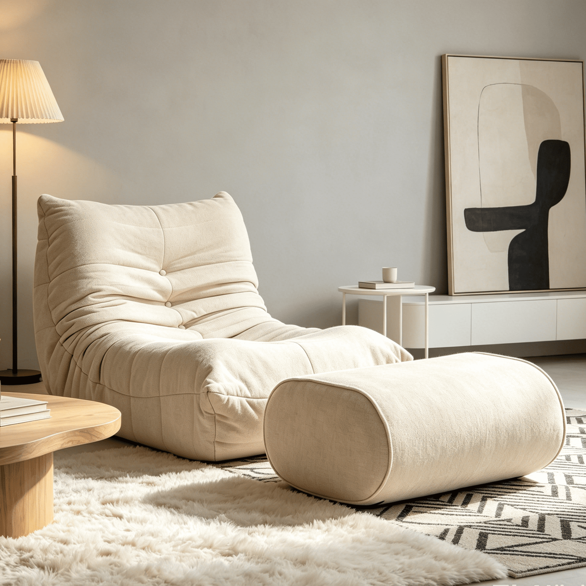 MOONMISS Chenille Fabric Chaise Lounge Chair with Ottoman, Ergonomic Lazy Sofa for Adults, Soft Cloud Couch for Living Room, Bedroom, Beige