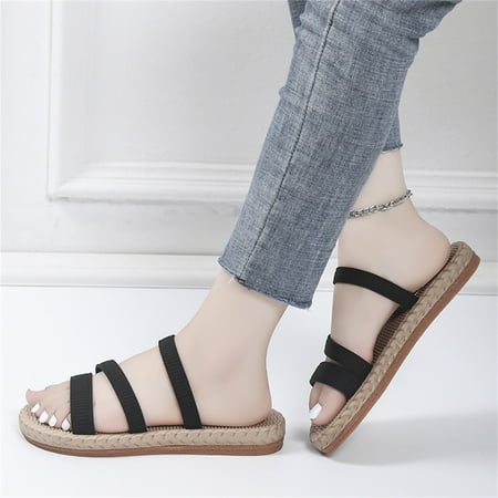 

SUODUI Women s Slippers Ladies Fashion Solid Color Cloth Lace Combination Open Toed Straw Woven Sole Flat Slippers Black 8.5